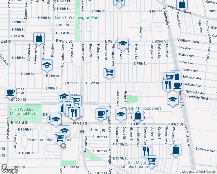 map of restaurants, bars, coffee shops, grocery stores, and more near 9717 Wilmington Avenue in Los Angeles