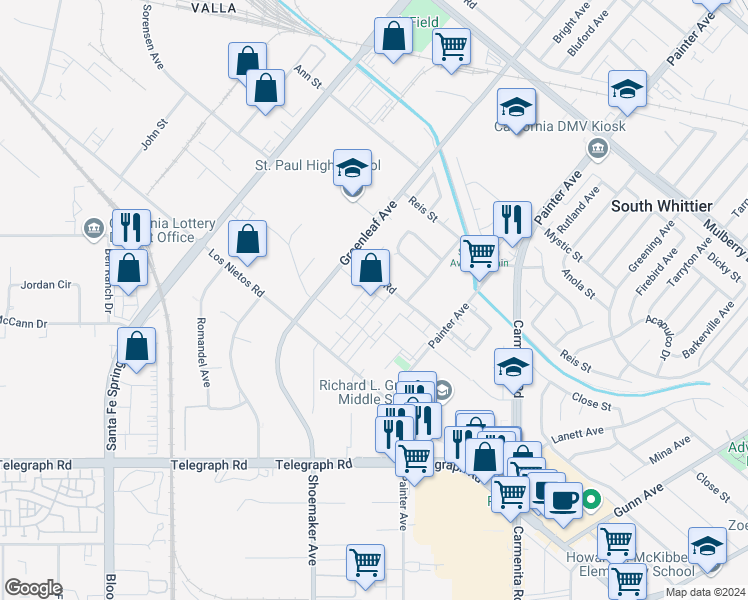 map of restaurants, bars, coffee shops, grocery stores, and more near 12995 Los Nietos Road in Santa Fe Springs