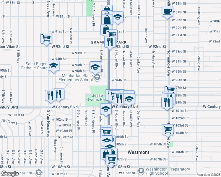 map of restaurants, bars, coffee shops, grocery stores, and more near 1850 West 96th Street in Los Angeles