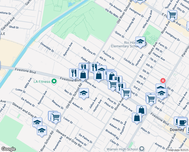 map of restaurants, bars, coffee shops, grocery stores, and more near 7423 Firestone Boulevard in Downey