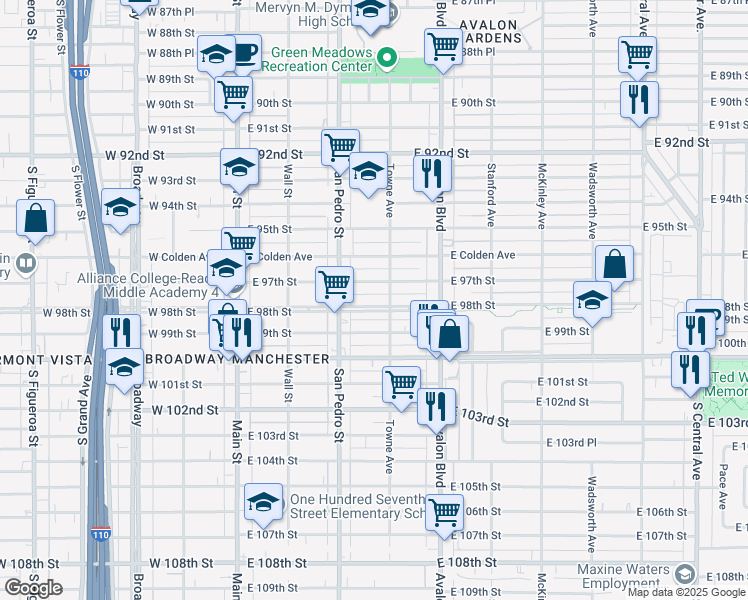 map of restaurants, bars, coffee shops, grocery stores, and more near 343 East 98th Street in Los Angeles