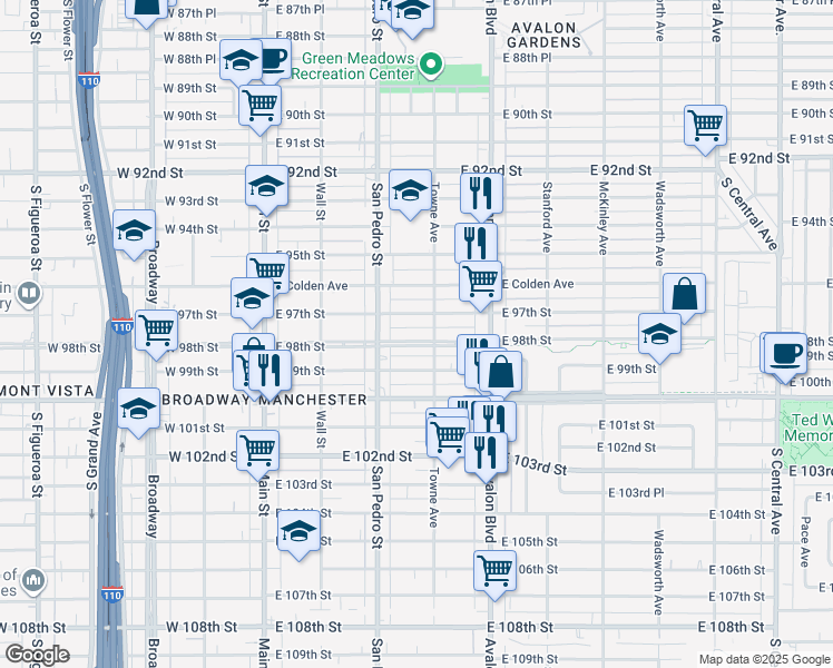 map of restaurants, bars, coffee shops, grocery stores, and more near 343 East 98th Street in Los Angeles