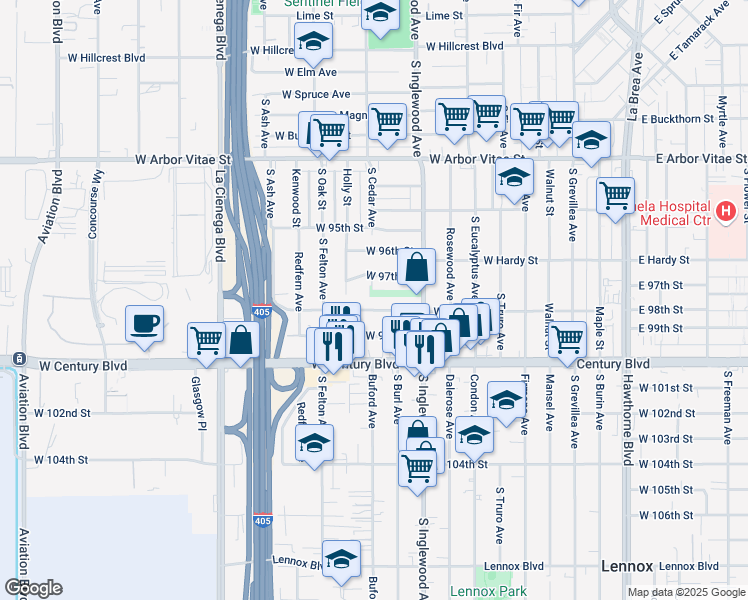 map of restaurants, bars, coffee shops, grocery stores, and more near 4863 West 98th Street in Inglewood