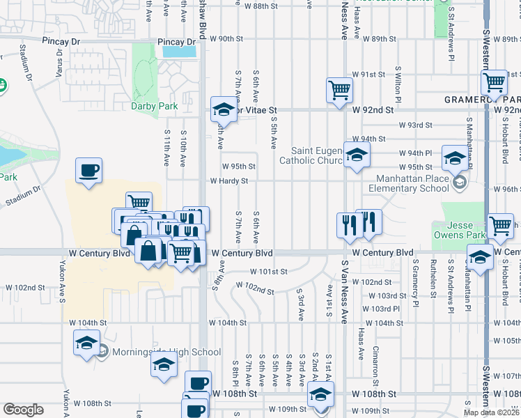 map of restaurants, bars, coffee shops, grocery stores, and more near 9706 South 6th Avenue in Inglewood