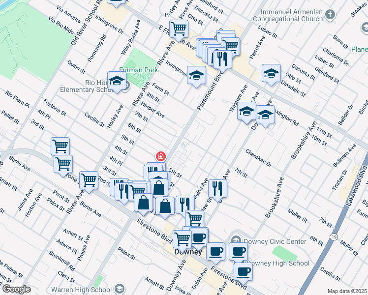 map of restaurants, bars, coffee shops, grocery stores, and more near 8009 Lily Lane in Downey