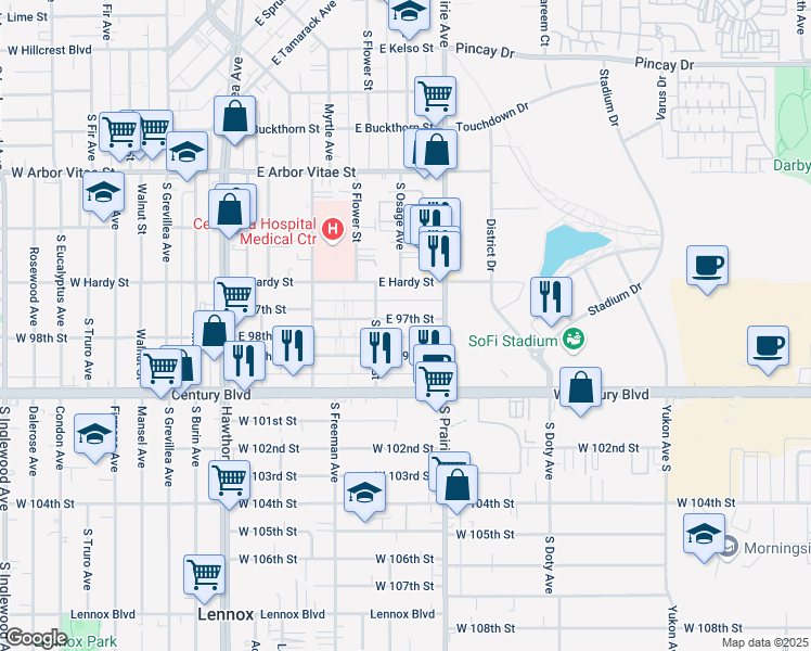 map of restaurants, bars, coffee shops, grocery stores, and more near 622 East 97th Street in Inglewood