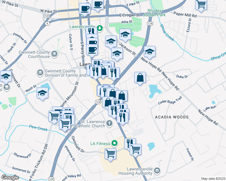 map of restaurants, bars, coffee shops, grocery stores, and more near 182 Scenic Highway North in Lawrenceville