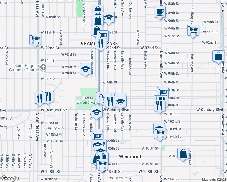 map of restaurants, bars, coffee shops, grocery stores, and more near 9631 Harvard Boulevard in Los Angeles
