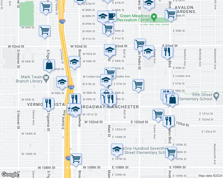 map of restaurants, bars, coffee shops, grocery stores, and more near 9714 Main Street in Los Angeles