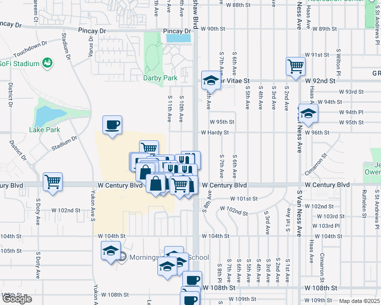 map of restaurants, bars, coffee shops, grocery stores, and more near 9706 South 10th Avenue in Inglewood