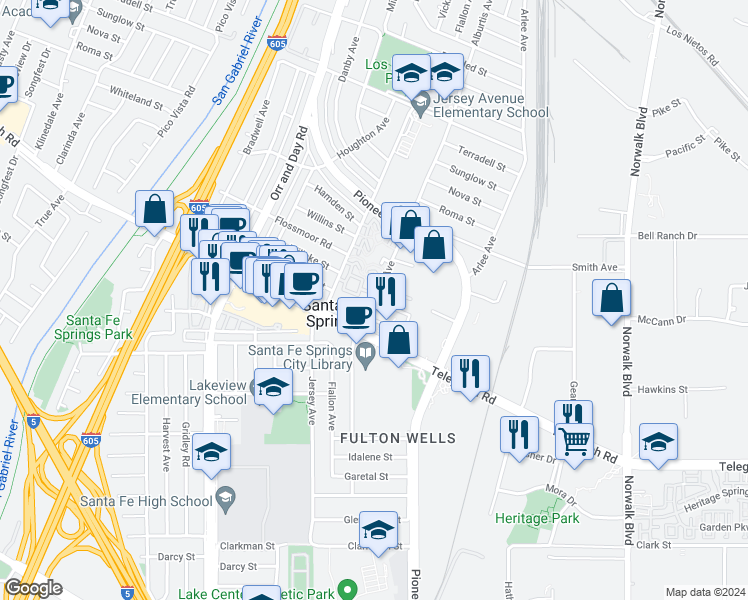 map of restaurants, bars, coffee shops, grocery stores, and more near 9871 Alburtis Avenue in Santa Fe Springs