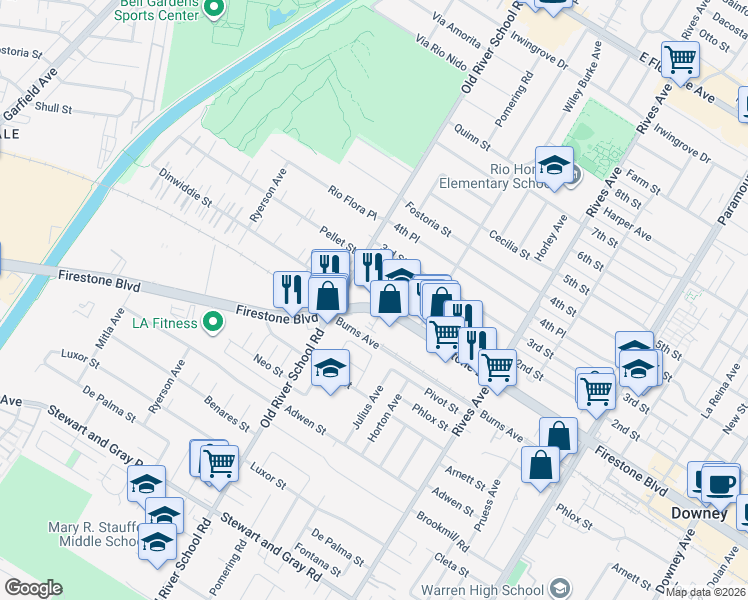 map of restaurants, bars, coffee shops, grocery stores, and more near 7447 Firestone Boulevard in Downey