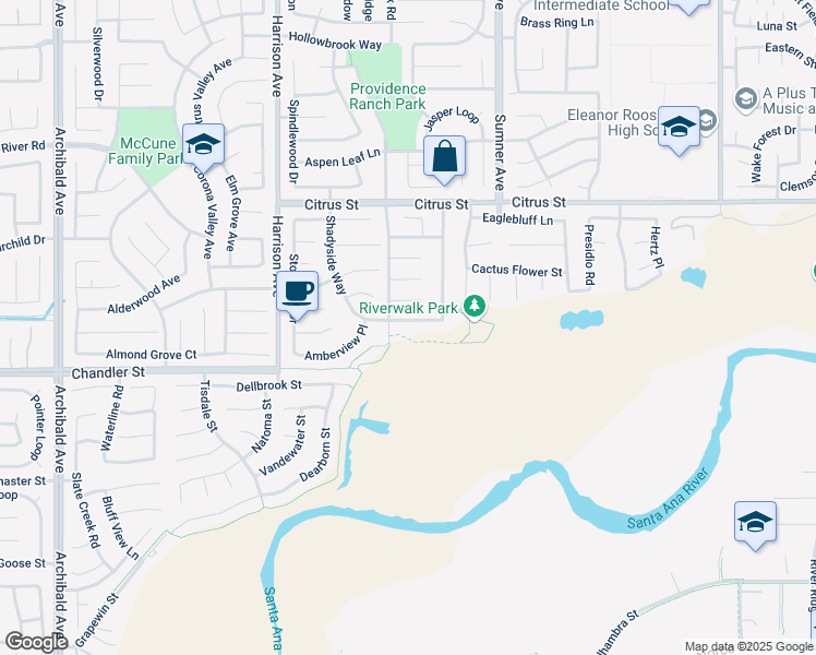 map of restaurants, bars, coffee shops, grocery stores, and more near 13558 Potter Creek Drive in Corona