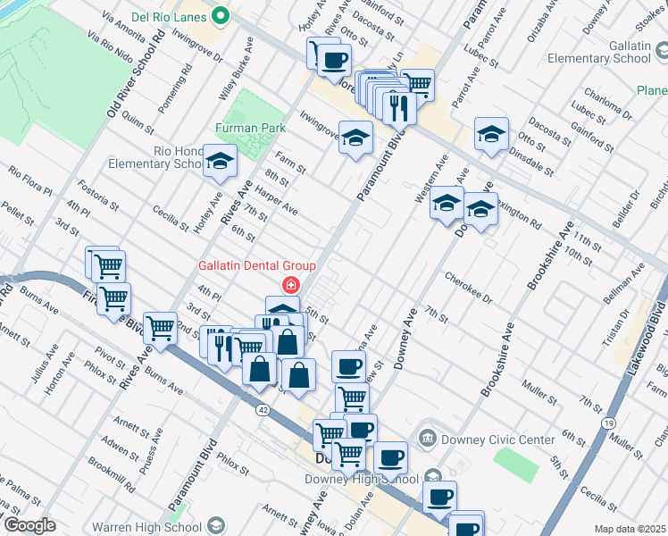 map of restaurants, bars, coffee shops, grocery stores, and more near 8009 Lily Lane in Downey