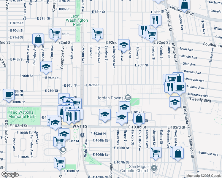 map of restaurants, bars, coffee shops, grocery stores, and more near 9715 South Wilmington Avenue in Los Angeles