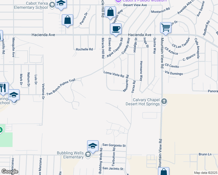 map of restaurants, bars, coffee shops, grocery stores, and more near Monterey Road in Desert Hot Springs