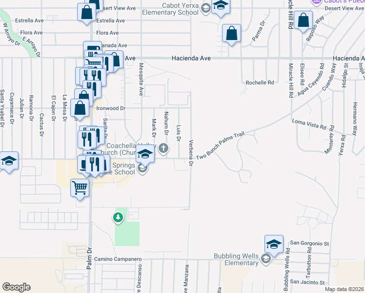 map of restaurants, bars, coffee shops, grocery stores, and more near 13815 Verbena Drive in Desert Hot Springs