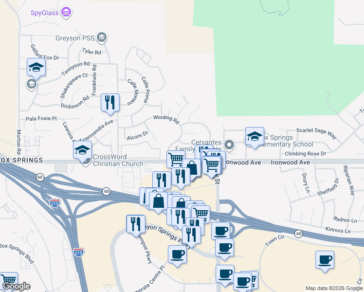 map of restaurants, bars, coffee shops, grocery stores, and more near 21900 Winding Road in Moreno Valley