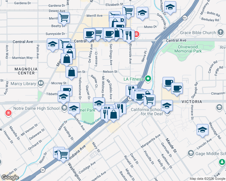 map of restaurants, bars, coffee shops, grocery stores, and more near 6529 San Diego Avenue in Riverside