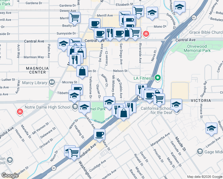 map of restaurants, bars, coffee shops, grocery stores, and more near 6708 Mount Whitney Avenue in Riverside