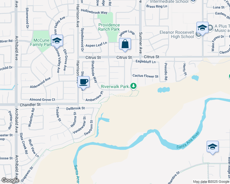 map of restaurants, bars, coffee shops, grocery stores, and more near 13558 Potter Creek Drive in Corona