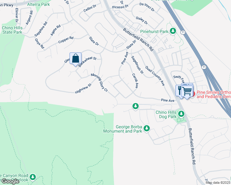 map of restaurants, bars, coffee shops, grocery stores, and more near 16819 Tamarind Court in Chino Hills