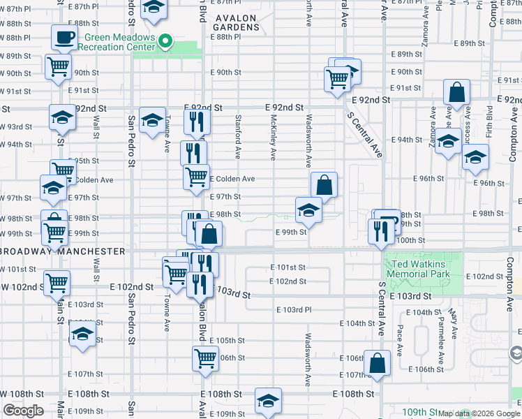 map of restaurants, bars, coffee shops, grocery stores, and more near 746 East 97th Street in Los Angeles