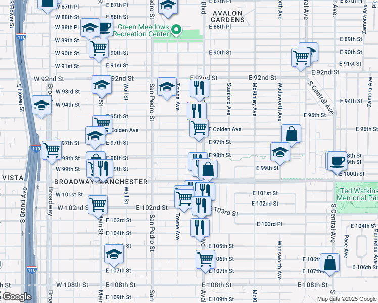 map of restaurants, bars, coffee shops, grocery stores, and more near 438 East 97th Street in Los Angeles