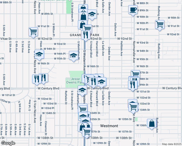 map of restaurants, bars, coffee shops, grocery stores, and more near 9621 South Hobart Boulevard in Los Angeles