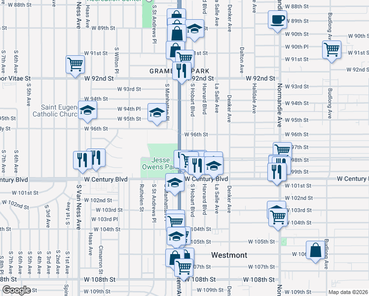 map of restaurants, bars, coffee shops, grocery stores, and more near 9621 South Hobart Boulevard in Los Angeles