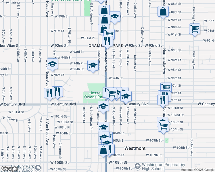 map of restaurants, bars, coffee shops, grocery stores, and more near 1850 West 96th Street in Los Angeles