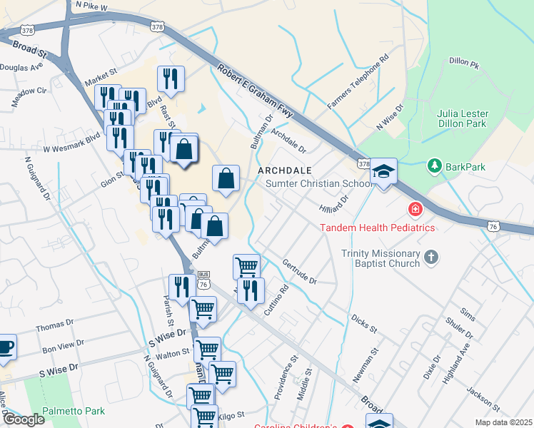 map of restaurants, bars, coffee shops, grocery stores, and more near 245 Bultman Drive in Sumter