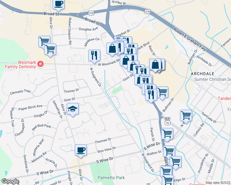 map of restaurants, bars, coffee shops, grocery stores, and more near 2008 Gion Street in Sumter