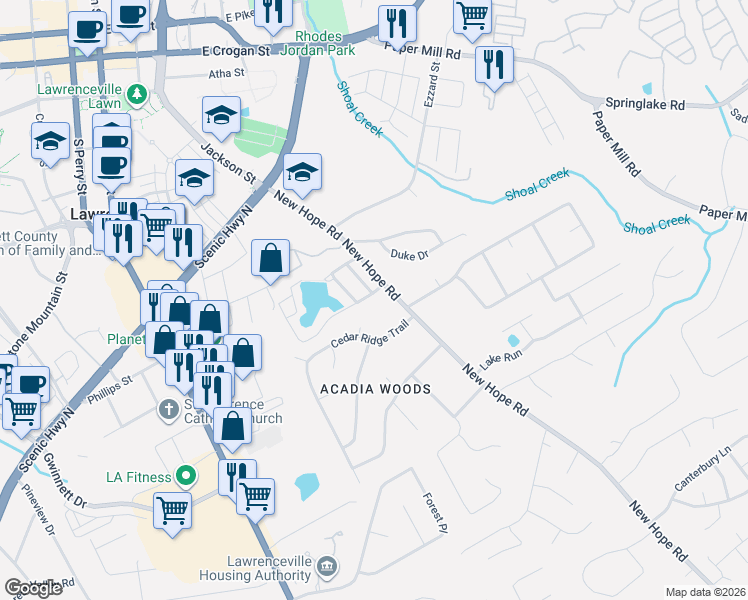 map of restaurants, bars, coffee shops, grocery stores, and more near 1946 New Hope Road in Lawrenceville