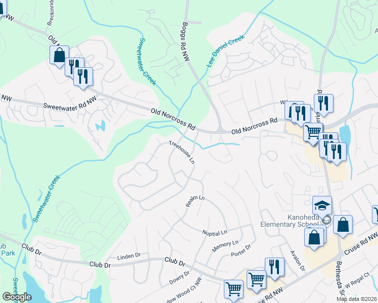 map of restaurants, bars, coffee shops, grocery stores, and more near 1270 Baldridge Drive in Lawrenceville
