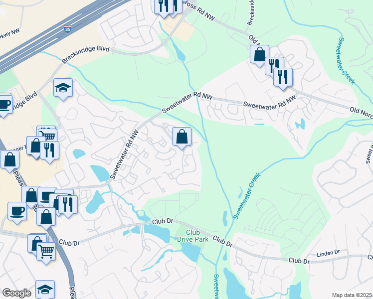 map of restaurants, bars, coffee shops, grocery stores, and more near Wesley Place in Lawrenceville