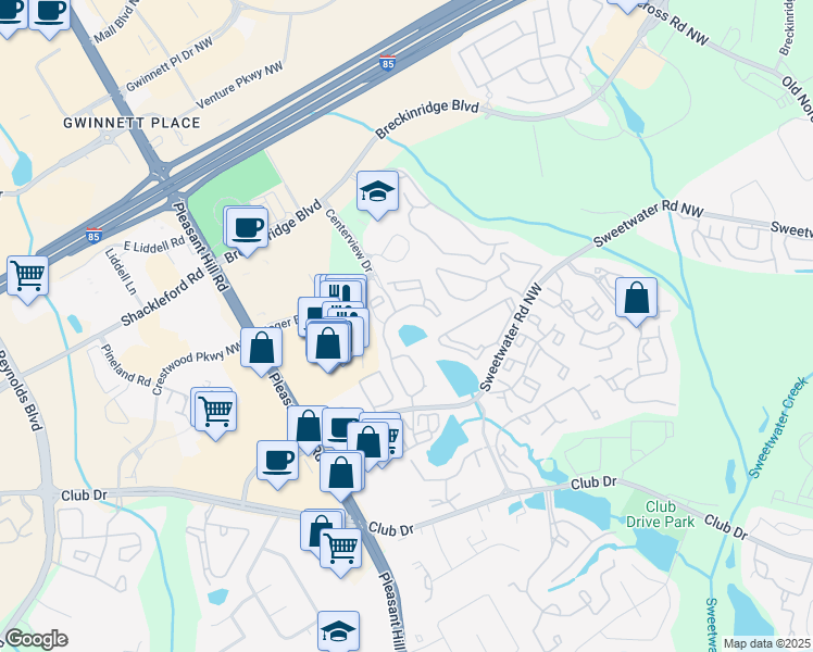 map of restaurants, bars, coffee shops, grocery stores, and more near 1655 Centerview Drive Northwest in Duluth