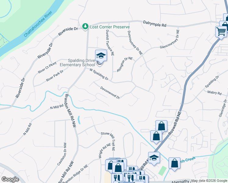 map of restaurants, bars, coffee shops, grocery stores, and more near 204 Devonwood Drive in Sandy Springs