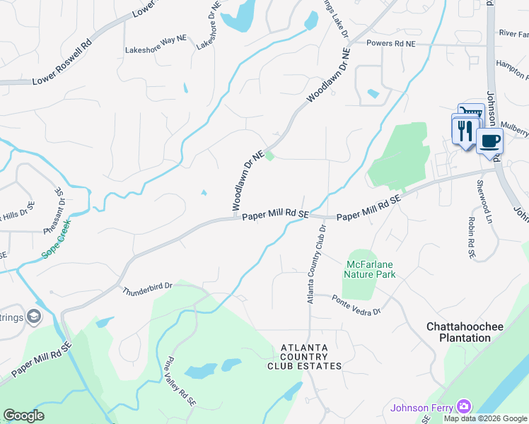map of restaurants, bars, coffee shops, grocery stores, and more near 4341 Paper Mill Road Southeast in Marietta