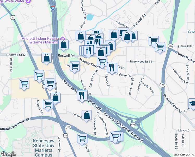 map of restaurants, bars, coffee shops, grocery stores, and more near 145 Charles Avenue Southeast in Marietta