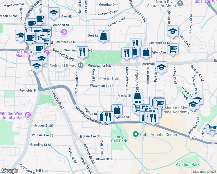 map of restaurants, bars, coffee shops, grocery stores, and more near 439 Waterman Street Southeast in Marietta