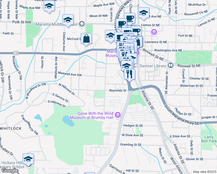 map of restaurants, bars, coffee shops, grocery stores, and more near 59 Trammell Street Southwest in Marietta