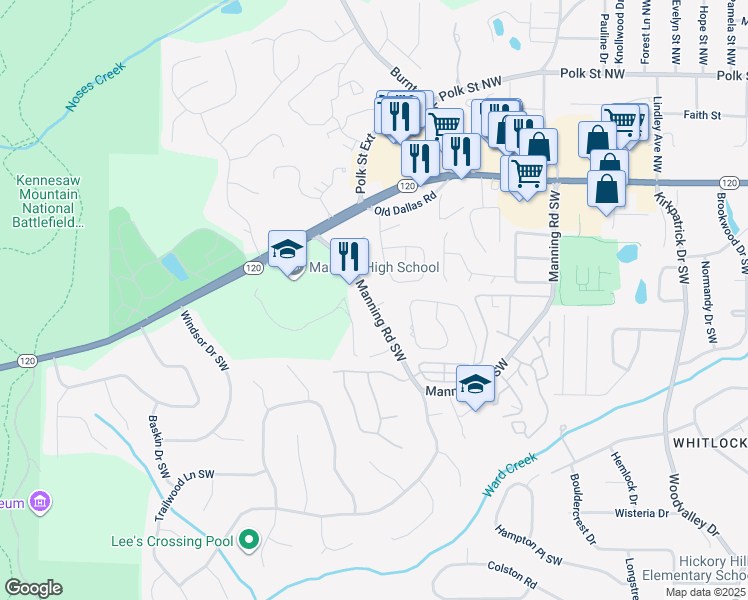 map of restaurants, bars, coffee shops, grocery stores, and more near 813 Manning Way Southwest in Marietta