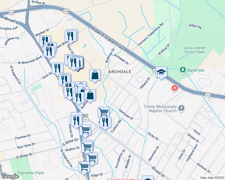 map of restaurants, bars, coffee shops, grocery stores, and more near 22 Hackberry Court in Sumter