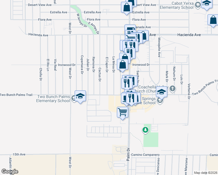 map of restaurants, bars, coffee shops, grocery stores, and more near 13902 El Cajon Drive in Desert Hot Springs