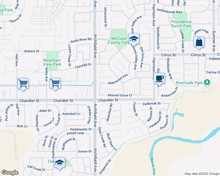 map of restaurants, bars, coffee shops, grocery stores, and more near 14104 Tiger Lily Court in Eastvale