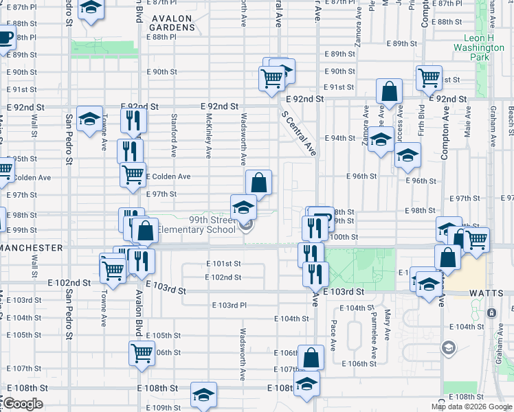 map of restaurants, bars, coffee shops, grocery stores, and more near 923 East 98th Street in Los Angeles