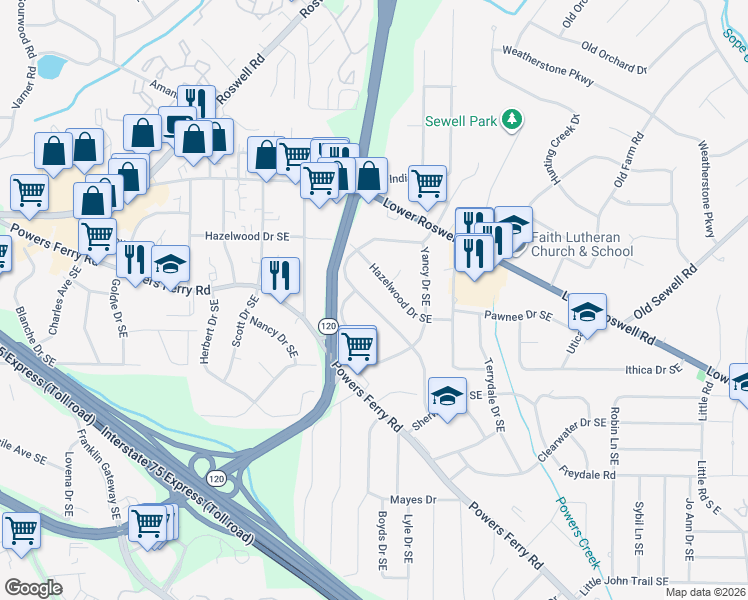map of restaurants, bars, coffee shops, grocery stores, and more near 1916 Hazelwood Drive Southeast in Marietta