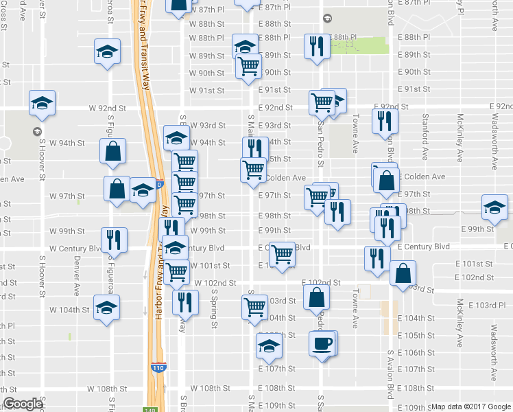 map of restaurants, bars, coffee shops, grocery stores, and more near 9714 Main Street in Los Angeles