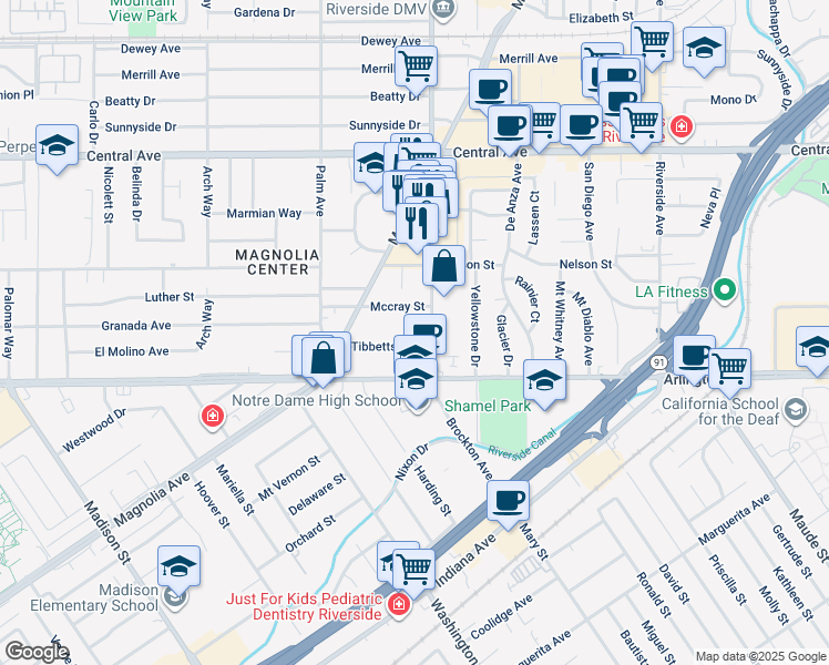 map of restaurants, bars, coffee shops, grocery stores, and more near 3727 Tibbetts Street in Riverside